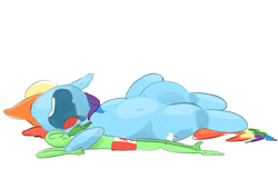 Size: 1100x750 | Tagged: safe, artist:askcanadash, rainbow dash, oc, oc:anon, human, pegasus, pony, belly button, drool, giant pony, macro, nose in the air, open mouth, simple background, size difference, sleeping, snoring, white background