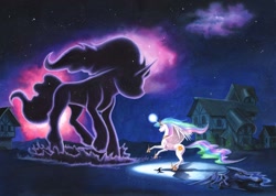 Size: 1500x1066 | Tagged: safe, artist:baron engel, princess celestia, princess luna, tantabus, alicorn, pony, do princesses dream of magic sheep, big sister instinct, confrontation, female, macro, magic, mare, night, ponyville, protecting, rearing, royal sisters, size difference, starry night, stars, watermark