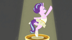 Size: 922x518 | Tagged: safe, screencap, starlight glimmer, twilight sparkle, twilight sparkle (alicorn), alicorn, pony, unicorn, a royal problem, angry, animated, balancing, ballerina, clothes, cute, cutie mark, dream, dress, eye, eye contact, eyes, female, frown, giant pony, giantess, gif, glimmerbetes, glimmerina, gritted teeth, jumping, leotard, lidded eyes, looking at each other, macro, mare, micro, music box, nightmare, open mouth, scared, skirt, spotlight, talking, tutu, upskirt, wide eyes, wingding eyes