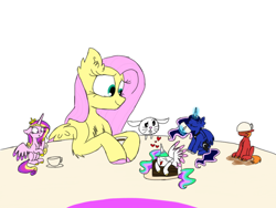 Size: 1066x800 | Tagged: safe, artist:doodletheexpoodle, angel bunny, big macintosh, fluttershy, princess cadance, princess celestia, princess luna, alicorn, pegasus, pony, cake, cakelestia, cup, cute, cutedance, cutelestia, eyes closed, floppy ears, food, heart, hug, lunabetes, macabetes, magic, micro, table, teacup, telekinesis, tiny ponies