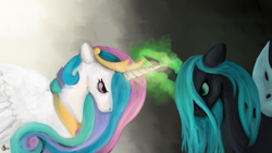 Size: 3476x1964 | Tagged: safe, artist:weepysheep, princess celestia, queen chrysalis, alicorn, changeling, changeling queen, pony, speedpaint