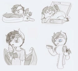 Size: 1280x1159 | Tagged: safe, artist:ravenpuff, oc, oc only, anthro, pony, anthro with ponies, box, chest fluff, chibi, chubby, clothes, donut, female, food, food baby, goggles, hoof hold, hot dog, ice cream, ice cream cone, licking, mare, meat, micro, partial color, ponies eating meat, pony in a box, sausage, slit eyes, starry eyes, steak, tongue out, traditional art, wingding eyes