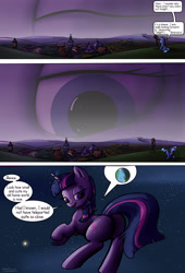 Size: 1920x2816 | Tagged: safe, artist:shieltar, part of a series, part of a set, twilight sparkle, unicorn twilight, pony, unicorn, comic:giant twilight, comic, cute, dialogue, eye, giant eye in the sky, giant pony, giantess, macro, magic, pictogram, planet, plot, pony bigger than a planet, size difference, smiling, solo, space, stars