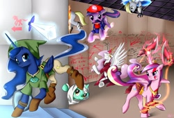 Size: 2500x1700 | Tagged: safe, artist:daughter-of-fantasy, lyra heartstrings, princess cadance, princess celestia, princess luna, twilight sparkle, alicorn, pony, assassin's creed, dante (devil may cry), devil may cry, devil may cry 3, gamer luna, god of war, kratos, link, mario, nintendo, parody, portal, portal (valve), portal gun, princess molestia, super mario bros., the legend of zelda