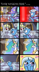 Size: 900x1643 | Tagged: safe, artist:innuendo88, artist:zsparkonequus, derpy hooves, princess celestia, trixie, alicorn, demon, pegasus, pony, comic, demonio, female, mare, spanish, translation