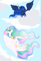 Size: 1000x1500 | Tagged: dead source, safe, artist:lilmandarin, princess celestia, princess luna, alicorn, pony, cloud, cloudy, duo, duo female, eyes closed, female, flying, mare, sisters, tongue out