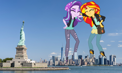 Size: 2880x1726 | Tagged: safe, artist:cmwaters, artist:seahawk270, starlight glimmer, sunset shimmer, equestria girls, mirror magic, spoiler:eqg specials, city, clothes, giantess, macro, new york city, one world trade center, statue of liberty