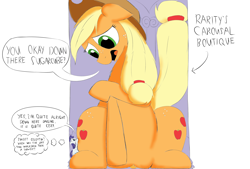 Size: 3496x2362 | Tagged: safe, artist:taurson, applejack, rarity, earth pony, pony, unicorn, carousel boutique, dialogue, female, giant pony, macro, mare