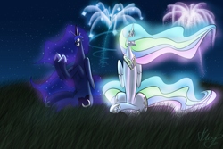 Size: 1600x1067 | Tagged: safe, artist:alumx, princess celestia, princess luna, alicorn, pony, sitting, tiny heads