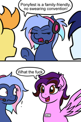 Size: 1000x1500 | Tagged: safe, artist:mkogwheel, derpibooru import, oc, oc:bit rate, earth pony, pony, amy keating rogers, blue fur, blue mane, blushing, dialogue, earth pony oc, female, headphones, headset, instant loss 2koma, instantly proven wrong, male, open mouth, ponyfest, speech bubble, vulgar