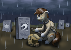 Size: 1754x1240 | Tagged: safe, artist:mkogwheel, derpibooru import, oc, oc only, oc:skittle, pegasus, pony, buck, commission, crying, goyo, graveyard, gun, jäger, mourning, mozzie, rainbow six siege, shotgun, tombstones, weapon