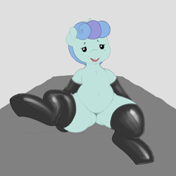 Size: 5000x5000 | Tagged: safe, artist:quarantinedchaoz, color edit, derpibooru exclusive, edit, editor:minus, oc, oc only, oc:rocky (colt quest), unicorn, absurd resolution, bedroom eyes, belly, belly button, chubby, clothes, colored, colt, colt quest, drool, featureless crotch, foal, gray background, latex, latex socks, looking at you, male, on back, open mouth, raised leg, simple background, socks, solo, thighs, thunder thighs, two toned mane