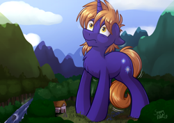 Size: 4092x2893 | Tagged: safe, artist:sugaryviolet, oc, oc only, oc:star bright, pony, unicorn, absurd resolution, cel shading, commission, forest, giant pony, growth, house, macro, male, mountain, mountain range, poison joke, river, scenery, solo, stallion
