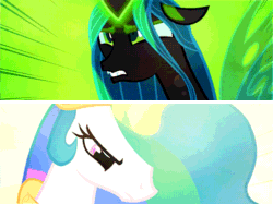 Size: 500x373 | Tagged: safe, edit, edited screencap, screencap, princess celestia, queen chrysalis, alicorn, changeling, changeling queen, pony, a canterlot wedding, animated, female, fight, glowing horn, gritted teeth, oh crap face