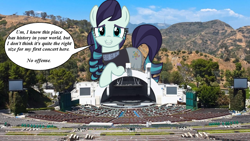 Size: 2000x1125 | Tagged: safe, artist:cmwaters, artist:jhayarr23, coloratura, pony, giant pony, giantess, hollywood bowl, irl, macro, photo, ponies in real life, rara, solo, speech bubble