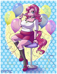 Size: 618x800 | Tagged: safe, artist:sonicsweeti, pinkie pie, anthro, earth pony, breasts, candy, chubbie pie, chubby, clothes, commission, cutie mark, digital art, female, food, high heels, horse face, lollipop, looking at you, pinkie pies, shoes, solo