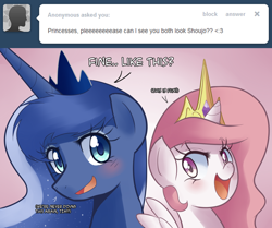 Size: 1280x1071 | Tagged: safe, artist:sallymon, princess celestia, princess luna, alicorn, pony, ask, ask gamer luna, blushing, tumblr