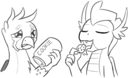 Size: 820x498 | Tagged: safe, artist:mkogwheel, derpibooru import, gallus, smolder, dragon, griffon, /mlp/ con, cookie, cookie jar, crumbs, crying, eating, eyes closed, food, gallabuse, monochrome, pure unfiltered evil, sketches from a hat