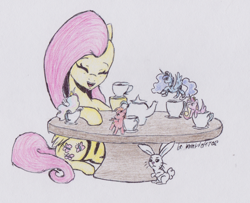 Size: 1336x1083 | Tagged: safe, artist:marta4708, angel bunny, big macintosh, fluttershy, princess cadance, princess celestia, princess luna, alicorn, pegasus, pony, micro, tea party, traditional art