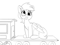 Size: 5000x3795 | Tagged: safe, artist:pabbley, derpy hooves, pegasus, pony, 30 minute art challenge, absurd resolution, chest fluff, cute, female, lineart, macro, mare, monochrome, open mouth, simple background, sitting, smiling, solo, train, white background