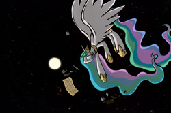 Size: 1400x931 | Tagged: safe, artist:dracojayproduct, princess celestia, alicorn, pony, coffee, moon, portal (valve), space, space core