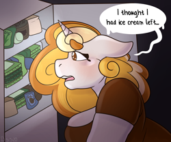 Size: 1200x1000 | Tagged: safe, artist:butterball451, oc, oc only, oc:honeycakes, anthro, unicorn, anthro oc, chubby, dialogue, food, freezer, profile, refrigerator, speech bubble