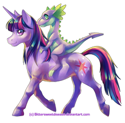 Size: 600x587 | Tagged: safe, artist:foervraengd, spike, twilight sparkle, dragon, pony, unicorn, dragons riding ponies, female, male, mare, outline, realistic, riding, simple background, transparent background, walking