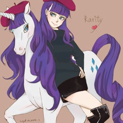 Size: 1000x1000 | Tagged: safe, artist:mamo, artist:まも, rarity, horse, unicorn, beatnik rarity, bedroom eyes, beret, boots, clothes, earring, hat, heart, human ponidox, humanized, leaning, pixiv, pony sized pony, realistic, smiling, solo, sweater, turtleneck