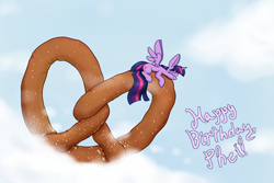 Size: 1500x1000 | Tagged: safe, artist:heir-of-rick, twilight sparkle, twilight sparkle (alicorn), alicorn, pony, food, happy birthday, micro, pretzel, solo, tiny ponies, twipretzel