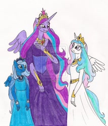 Size: 800x938 | Tagged: safe, artist:13foxywolf666, princess celestia, princess luna, oc, oc:queen leto, anthro, female, leto, mother, mother and child, mother and daughter, parent and child, simple background, watermark