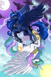 Size: 600x901 | Tagged: safe, artist:kaijusamurai, princess celestia, princess luna, alicorn, pony, contrast, duo, lightning, moon, sisters