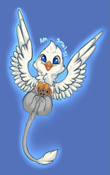 Size: 631x1000 | Tagged: safe, artist:tomocreations, oc, oc only, oc:der, griffon, cookie, cute, flying, food, micro, solo, that griffon sure "der"s love cookies