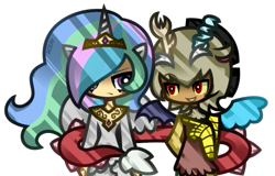 Size: 603x385 | Tagged: safe, artist:nekozneko, discord, princess celestia, human, chibi, dislestia, eared humanization, female, humanized, male, shipping, simple background, straight, tail wrap, tailed humanization, transparent background