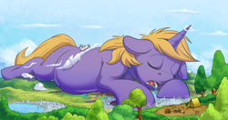 Size: 5000x2631 | Tagged: safe, artist:tsitra360, oc, oc only, oc:pan sizzle, oc:snap feather, oc:star bright, earth pony, pony, unicorn, absurd resolution, belly, chubby, city, cloud, cosmic wizard, destruction, drool, eyes closed, floppy ears, giant pony, macro, male, mega giant, micro, open mouth, scenery, stallion, tree, water, wizard