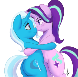 Size: 878x866 | Tagged: safe, artist:raikoh, derpibooru import, starlight glimmer, trixie, pony, unicorn, blushing, boop, embrace, female, lesbian, looking at each other, mare, noseboop, plot, shipping, smiling, startrix