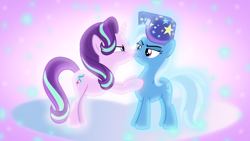 Size: 1600x900 | Tagged: safe, artist:sailortrekkie92, derpibooru import, starlight glimmer, trixie, pony, unicorn, angry, boop, female, glow, lesbian, lidded eyes, looking at each other, mare, nose wrinkle, noseboop, shipping, startrix, trixie's hat, vector, wallpaper