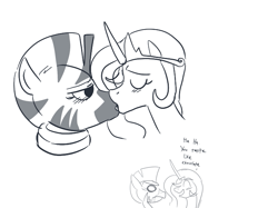 Size: 677x507 | Tagged: safe, artist:klondike, princess celestia, zecora, alicorn, pony, zebra, female, kissing, lesbian, monochrome, shipping, zelestia