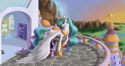 Size: 1500x800 | Tagged: safe, artist:telanore, princess celestia, twilight sparkle, alicorn, pony, unicorn, balcony, duo, duo female, female, horn, mare