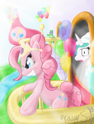 Size: 600x791 | Tagged: safe, artist:xnosidex, derpy hooves, gummy, pinkie pie, princess celestia, alicorn, alligator, earth pony, pegasus, pony, unicorn, accessory theft, balloon, female, mare