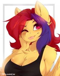 Size: 1200x1513 | Tagged: safe, artist:teranen, oc, oc:berry slice, anthro, pegasus, big breasts, bleb, breasts, bust, chest fluff, cleavage, cleavage fluff, ear fluff, multicolored hair, one eye closed, tongue out, wink