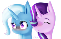 Size: 2183x1384 | Tagged: safe, artist:ladyunilove, derpibooru import, starlight glimmer, trixie, pony, unicorn, :3, :t, blushing, eyes closed, female, hair over one eye, lesbian, looking away, mare, nuzzling, scrunchy face, shipping, simple background, smiling, startrix, transparent background, tsundere