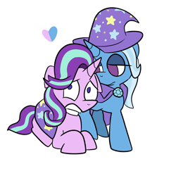 Size: 1280x1280 | Tagged: dead source, safe, artist:stardustspirals, derpibooru import, starlight glimmer, trixie, pony, unicorn, comforting, empty eyes, female, floppy ears, heart, lesbian, lidded eyes, mare, no catchlights, no pupils, prone, scared, shipping, simple background, startrix, trixie's cape, trixie's hat, white background