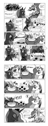 Size: 765x2000 | Tagged: dead source, safe, artist:docpel, princess celestia, princess luna, alicorn, pony, luna eclipsed, ..., apple, apple bobbing, comic, dialogue, duo, duo female, exclamation point, eyes closed, female, food, grayscale, japanese, magic, mare, monochrome, pixiv, question mark, simple background, sitting, smiling, snorting, speech bubble, sweat, telekinesis, throne, trollestia, white background