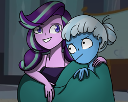 Size: 1000x800 | Tagged: safe, artist:doodledonut, derpibooru import, starlight glimmer, trixie, equestria girls, blanket, equestria girls-ified, female, lesbian, looking at you, shipping, smiling, startrix