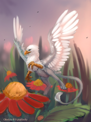 Size: 1325x1785 | Tagged: safe, artist:obelys, oc, oc only, oc:der, griffon, flower, flying, micro, solo