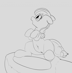 Size: 1280x1313 | Tagged: safe, artist:pabbley, applejack, earth pony, pony, 30 minute art challenge, appletini, belly button, female, floppy ears, in goliath's palm, lineart, mare, micro, missing accessory, monochrome, open mouth, pubic fluff, underhoof