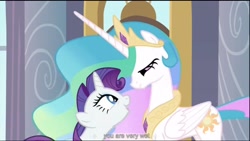 Size: 1344x756 | Tagged: safe, screencap, princess celestia, rarity, alicorn, pony, unicorn, sweet and elite, youtube caption