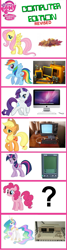 Size: 560x2092 | Tagged: safe, applejack, fluttershy, pinkie pie, princess celestia, rainbow dash, rarity, twilight sparkle, alicorn, earth pony, pegasus, pony, unicorn, chart, coleco adam, computer, leaves, macintosh, palm os, palm pilot, pda, television