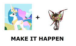 Size: 1335x818 | Tagged: safe, princess celestia, alicorn, pony, all caps, chaos kin, exploitable meme, kid icarus, kid icarus: uprising, make it happen, meme, meta