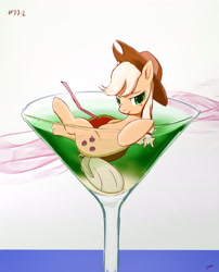 Size: 1800x2227 | Tagged: safe, artist:yvt-jp, applejack, earth pony, pony, appletini, cherry, cocktail glass, colored pupils, cup, cup of pony, drink, female, food, glass, looking at you, mare, micro, solo, tiny ponies